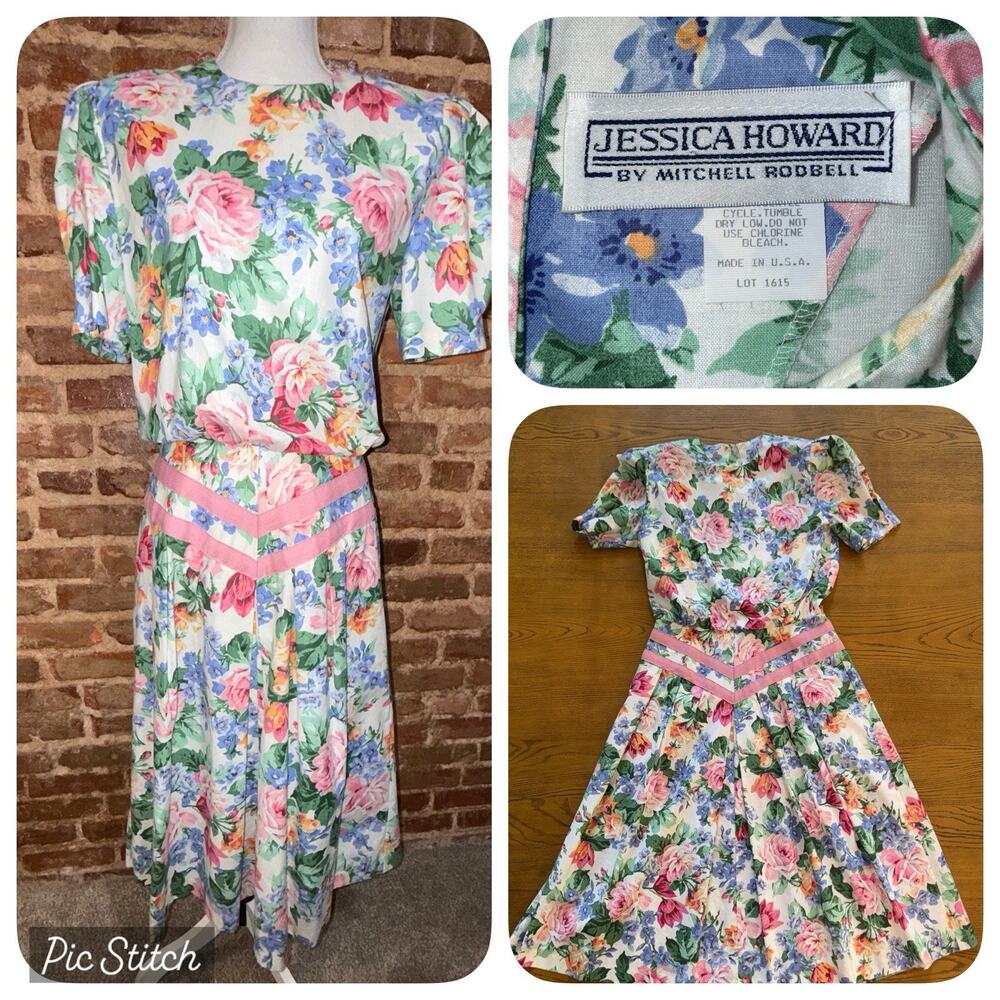 Vintage 1980s Jessica Howard By Mitchell Basque Waist dress Floral Sz 12 - EUC